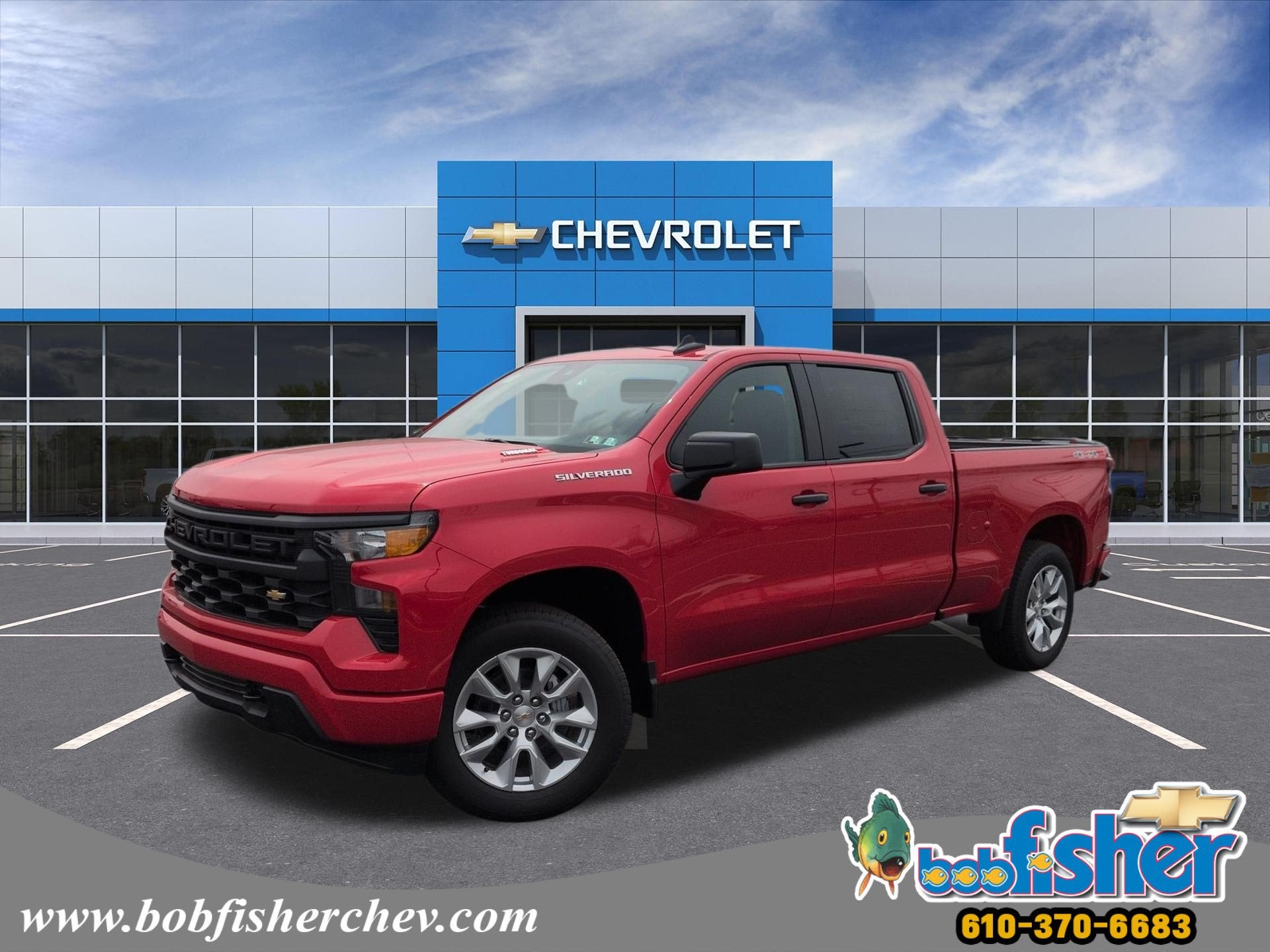 2026 Chevrolet Silverado 1500 Custom Crew Cab Standard Box 4WD in Red Hot — front three-quarter view