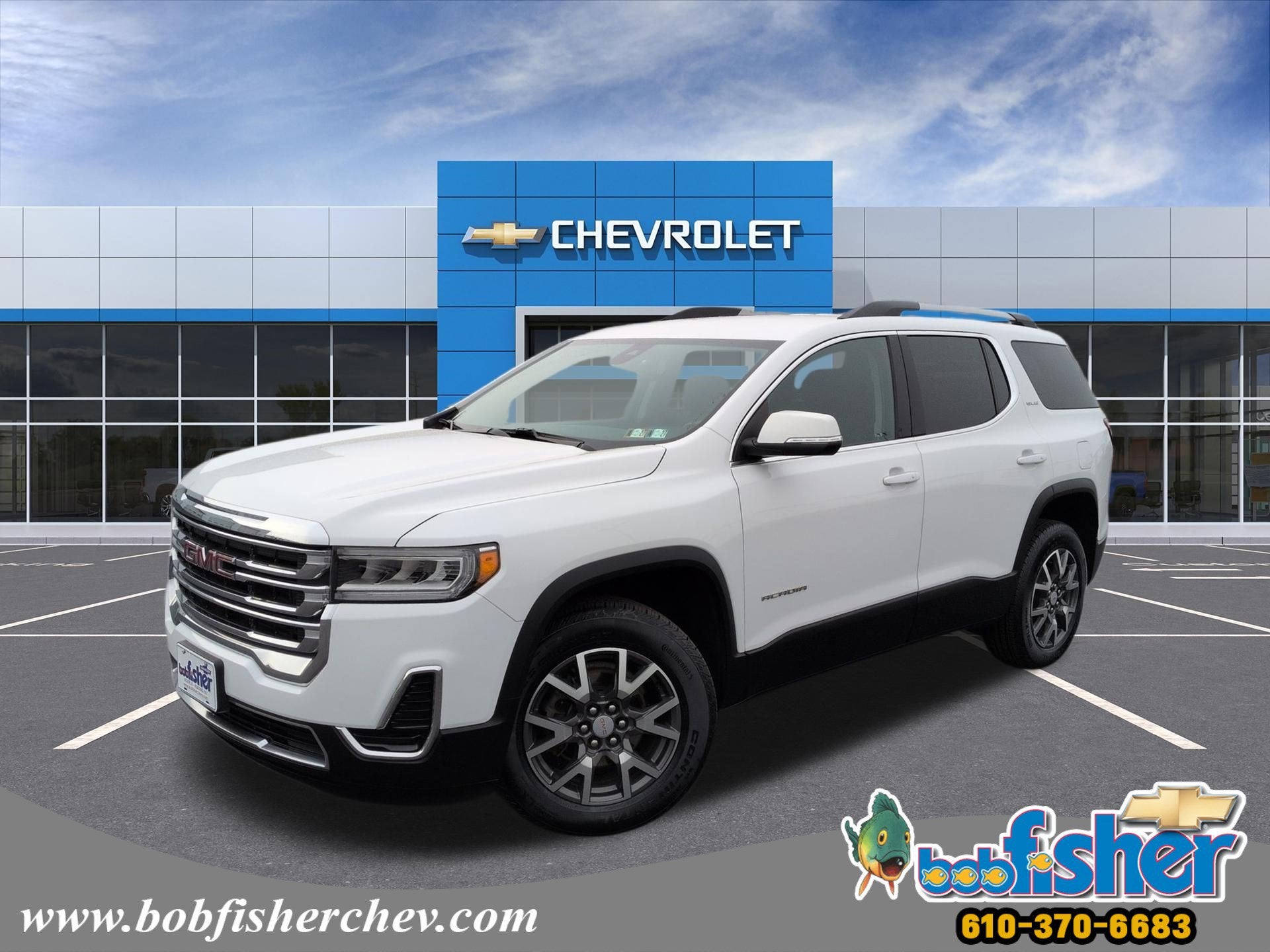 2023 GMC Acadia SLE in Summit White — front three-quarter view