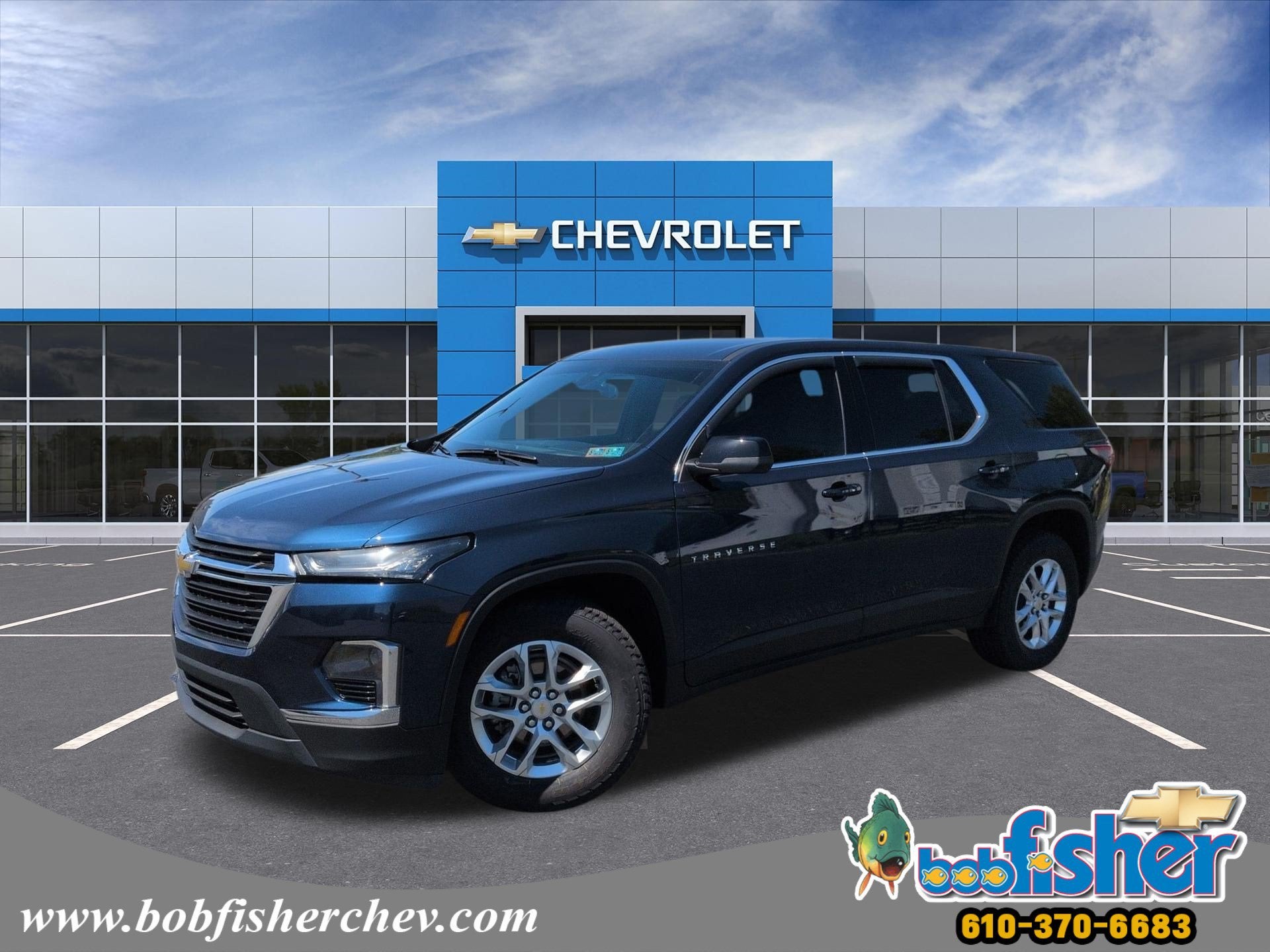 2023 Chevrolet Traverse LS in Northsky Blue Metallic — front three-quarter view